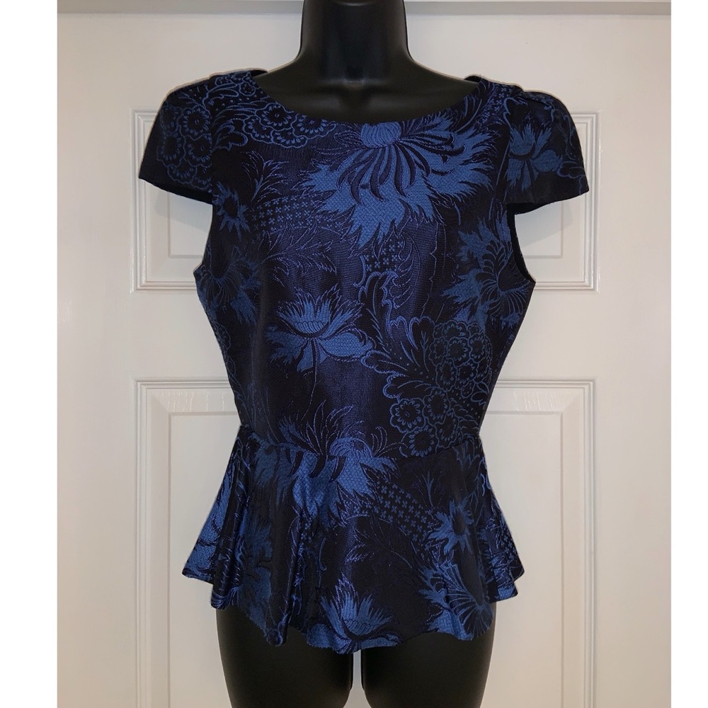 Alice & Olivia Black & Blue Floral Brocade Print Peplum Blouse w/ Sheer Back-NWT
